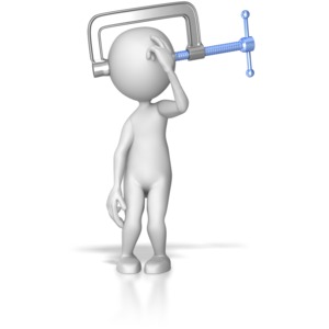 A stick figure suffers from head pain illustrate by a vice being clamped on its head.