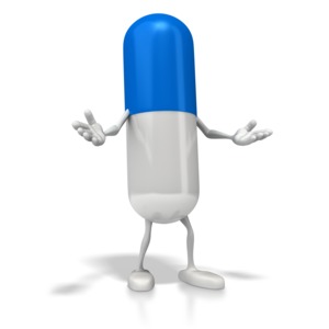 A cartoon pill or medicine capsule with arms and legs.