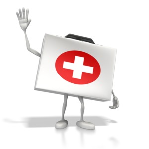 A cartoon first aid kit with arms and legs.