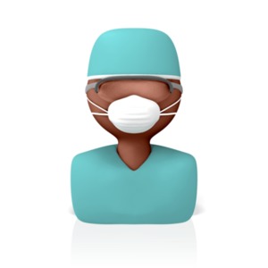An icon for a surgeon or medical doctor.  A bust of a 3D figure wearing surgical scrubs and a mask.