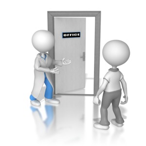 A doctor or nurse welcomes a patient to his office and gestures him inside.  