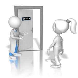 A doctor or nurse welcomes a patient to his office and gestures her inside.  