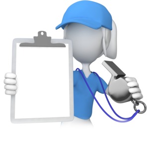 A 3D created image of a coach holding a clipboard and whistle.  A concept of training or coaching.  You can add your own text to the clipboard using PowerPoint or another application.