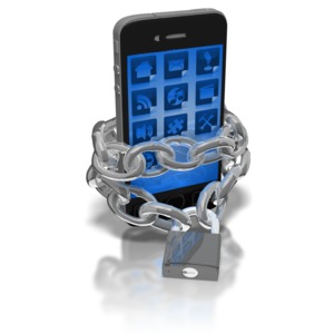 A chain wrapped around a smartphone and locked. This clip-art can represent keeping your cellphone secure.