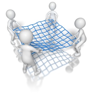 Four stick figures hold a net ready to catch something.