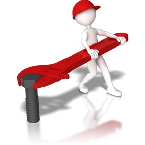 A stick figure uses an adjustable wrench to turn a bolt. This clip-art can represent using the right tool for the right job.