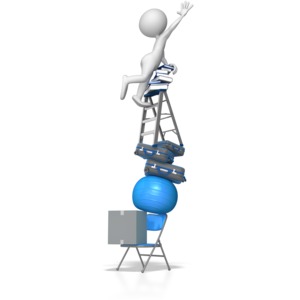 A stick figure climbs a stack on unstable object.