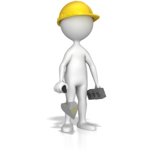 A mason is standing with his tools in hand a brick and a trowel.