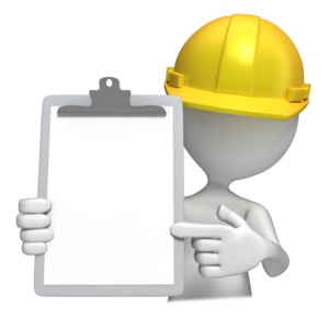 A 3D stick figure wears a hard hat and points to a blank clipboard.  You can use PowerPoint or another software application to add your own text to the clipboard.