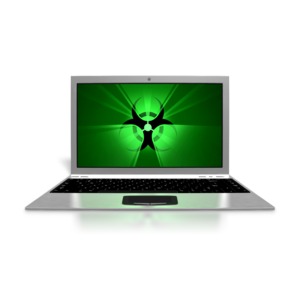 An image of a computer with a bio hazard symbol in the middle of the screen.