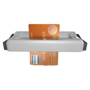 This clip art shows a shredder destroying a credit card.