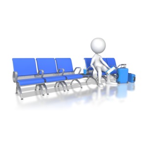 Stick figure sits in airport seats waiting for a flight.