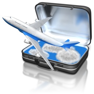 A commercial jet flies through the clouds inside a suitcase. This clip-art can represent someone who spends a lot of time traveling by plane and living out of a suitcase.