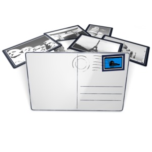 This clip art image shows the information side of a postcard standing up and other postcards laying pictures side up around it.
