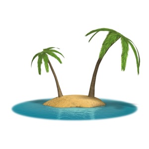This clip art image shows two palm trees on a small deserted island.