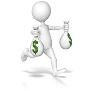 A stick figure runs while carrying to bags of cash.