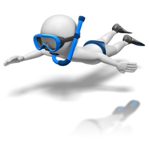 A stick figure uses a snorkel to swim underwater.