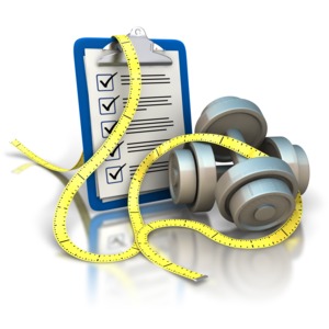 An image of a pair of dumbbells with a clipboard and a soft tape measure.