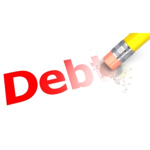 An image of the word &quot;Debt&quot; being erased with a pencil.