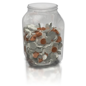 A glass jar filled with an assortment of coins.