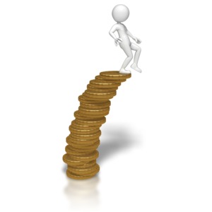 An image of a stick figure on the top edge of a stack of coins.