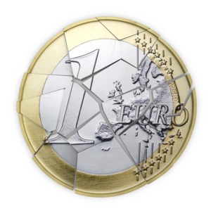 This clip art shows a Euro coin shattered into many pieces.