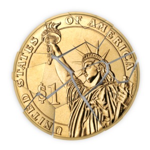 This clip art shows an American dollar coin shattered into many pieces.