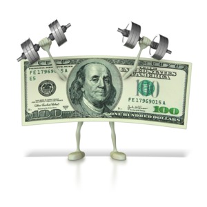 This clip art image shows a one hundred dollar bill lifting weights.  This symbolizes the strengthening of American currency.