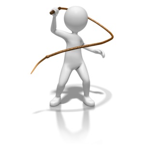 A stick figure prepares to swing a whip.