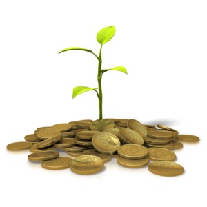 An image of a plant growing in a pile of coins to show financial growth.