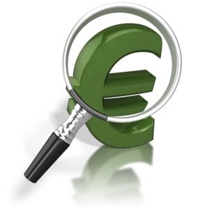 A magnifying glass in front of a Euro.