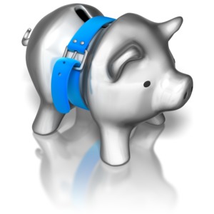A piggy bank is cinched in the middle by a tight belt. This clip-art can represent being on a budget.