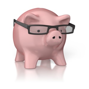 A piggy bank wears a pair of glasses showing smart saving.