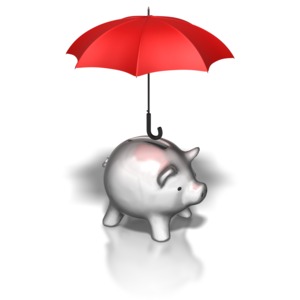 A red umbrella over a silver piggy bank. This clip-art can represent protecting you investment.