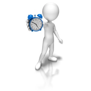 A stick figure holds out a blue alarm clock.