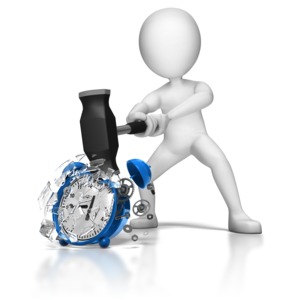 A stick figure uses a sledgehammer to smash an alarm clock into pieces.