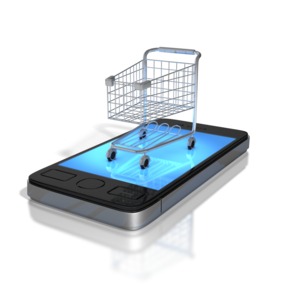 An image of a shopping cart on a smart phone showing mobile shopping