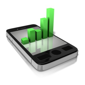 An image of a smart phone with a bar graph rising out from surface.