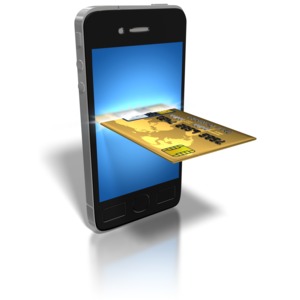 A credit merging into a smart phone screen. This clip-art can represent using a smart phone to make a purchase.