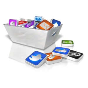 This clip art image shows a full bin of app icons.