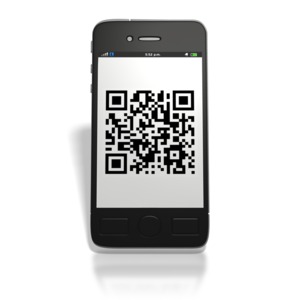 A QR Code is shown on the screen of a smart phone.