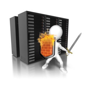 An image of a stick figure holding a shield on fire and sword protecting a server.