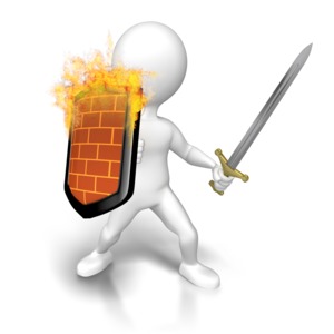 An image of a stick figure holding a shield on fire and a sword representing a firewall.