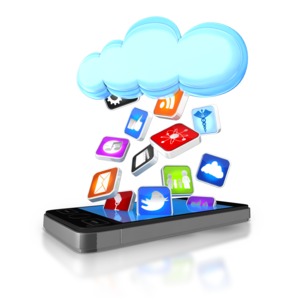 This clip art image shows apps being downloaded from the cloud into a smart phone.