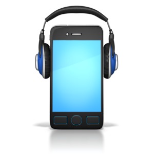 This clip art shows a smart phone with a pair of headphones on.