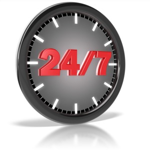 This clip art image shows a clock with no hands and the text twenty four seven in the middle.