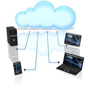 This clip art shows four devices connected to the cloud.