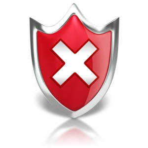 An image of a shield with a warning cross / x in the middle.
