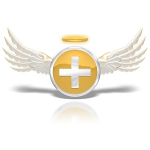A gold button with a plus symbol and angel-like wings with a halo. This clip-art can represent making a good decision.