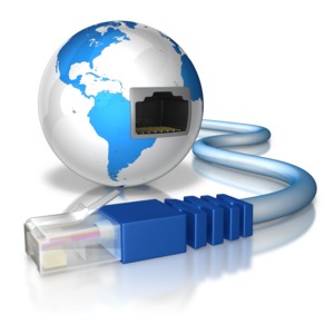 This clip art shows a internet cat5 cable in front of a earth with the input for the cable embedded in it.